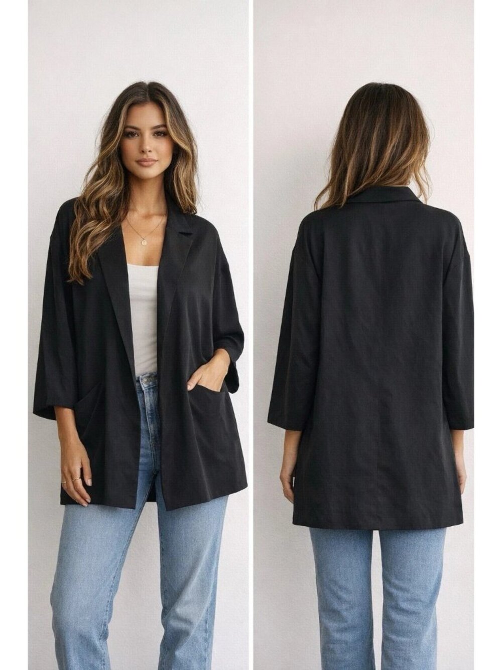 Eileen Fisher 100% silk Black Oversized Open Front Boyfriend Blazer Jacket Sz XS